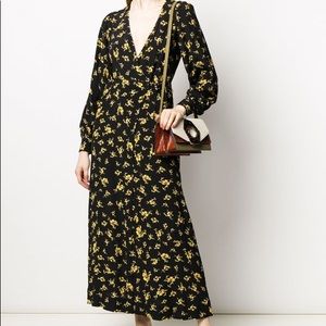 Ganni black and yellow floral wrap dress